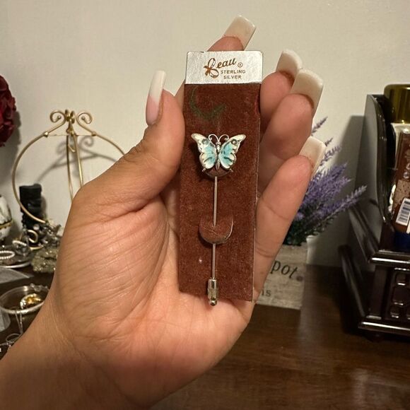 Vintage Beau Sterling Silver Enamel Butterfly Stick Pin, Brooch, Adorable, Small - Picture 1 of 4